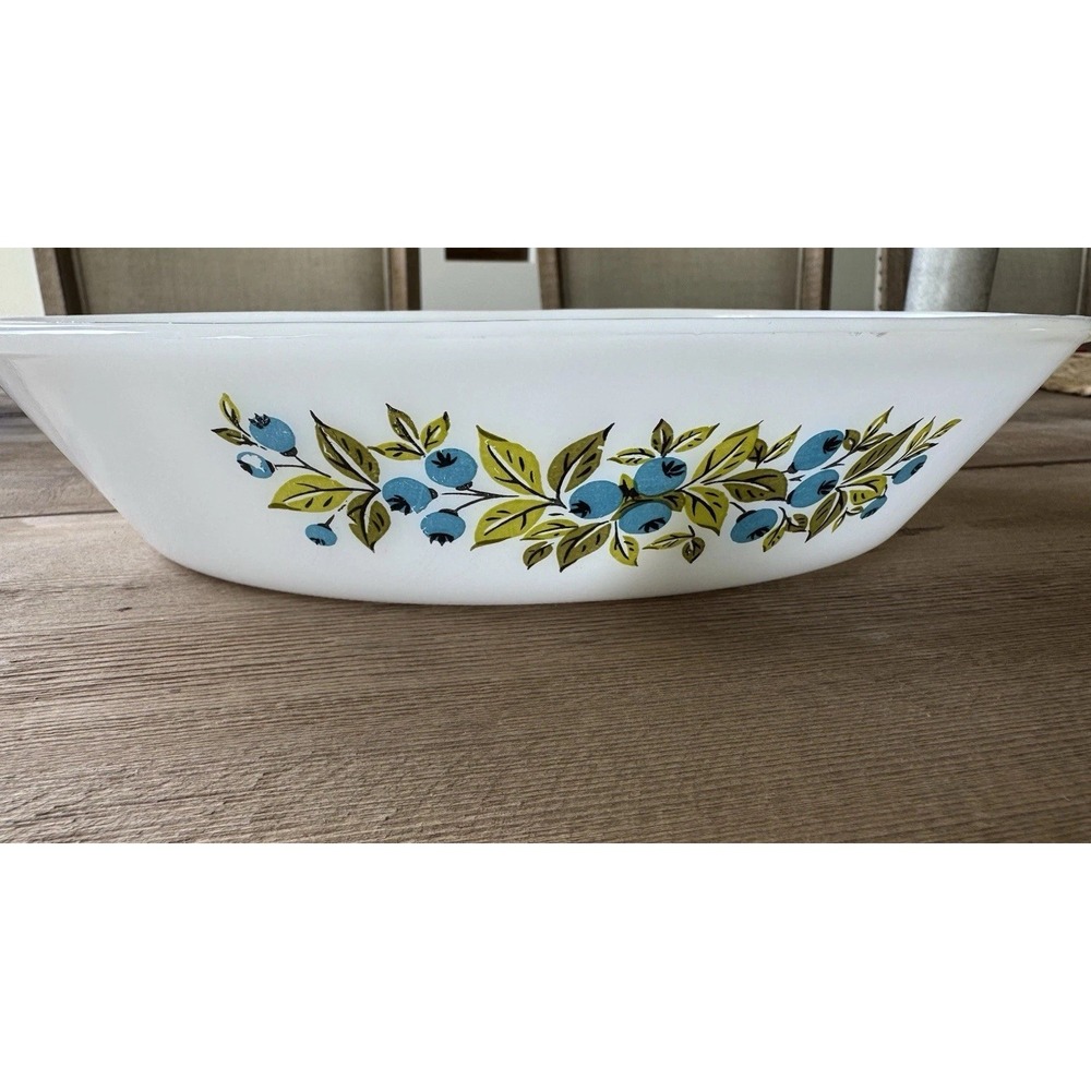 Vintage Glassbake Blueberry Divided Oval Milk Glass Casserole Dish J2352 12"